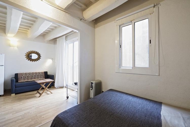 Small and cute available studio apartment in Barcelona. It consists of a bedroom and living space, small kitchen and fully equipped bathroom.